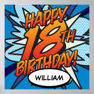 HAPPY 18TH BIRTHDAY Comic Book Pop Art blue Poster