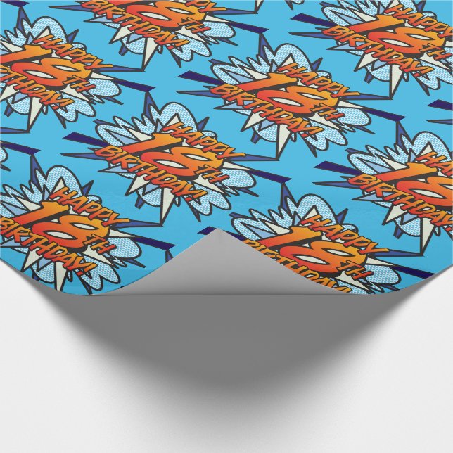 HAPPY 18TH BIRTHDAY Comic Book Pop Art blue Wrapping Paper (Corner)