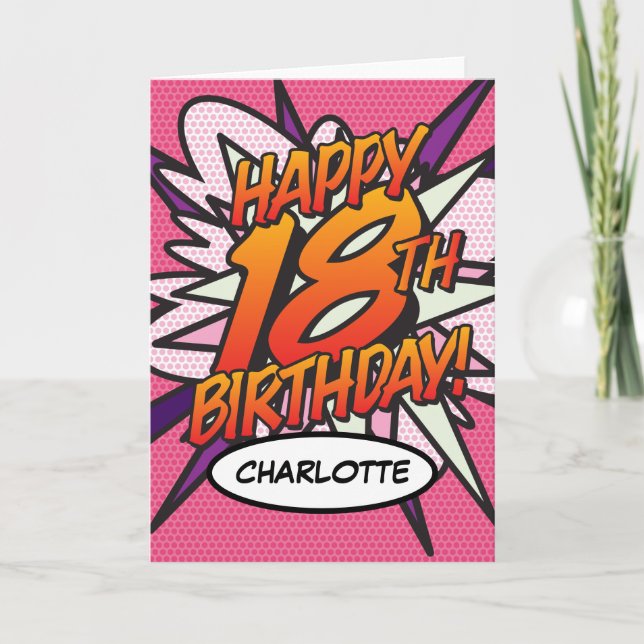 HAPPY 18TH BIRTHDAY Comic Book Pop Art Pink Card (Front)
