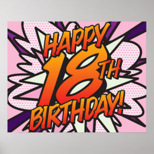HAPPY 18TH BIRTHDAY Comic Book Pop Art pink Poster