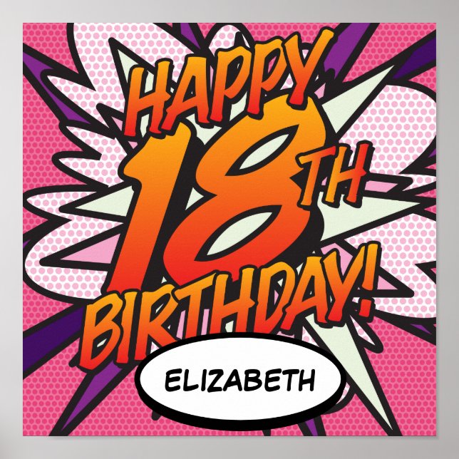 HAPPY 18TH BIRTHDAY Comic Book Pop Art pink Poster (Front)