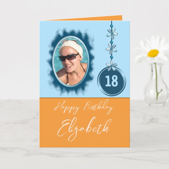 Happy 18th birthday flowers blue orange photo card (Small Plant)