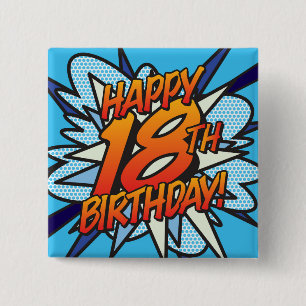 HAPPY 18TH BIRTHDAY Fun Retro Comic Book 15 Cm Square Badge