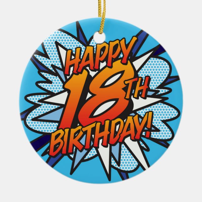HAPPY 18TH BIRTHDAY Fun Retro Comic Book Ceramic Tree Decoration (Front)