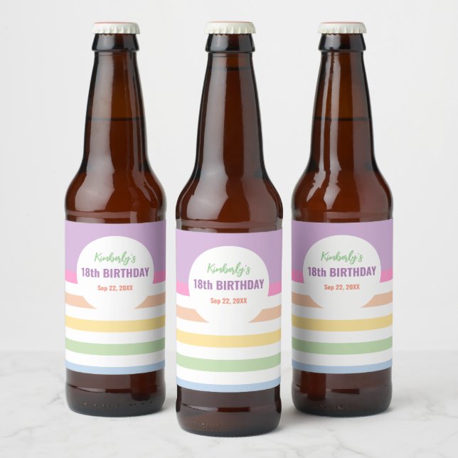 Happy 18th Birthday in Rainbow Stripes Beer Bottle Label (Bottles)