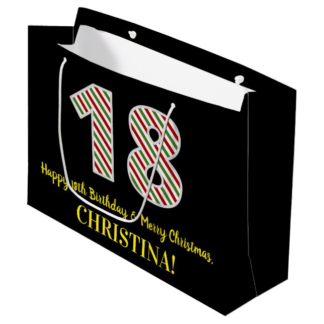 Happy 18th Birthday & Merry Christmas, Custom Name Large Gift Bag (Front Angled)
