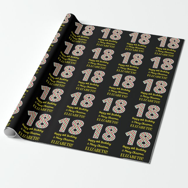Happy 18th Birthday & Merry Christmas, Custom Name Wrapping Paper (Unrolled)