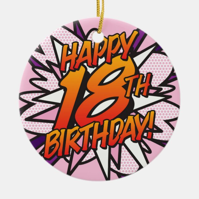 HAPPY 18TH BIRTHDAY Photo Fun Retro Comic Book Ceramic Tree Decoration (Front)