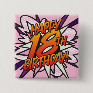HAPPY 18TH BIRTHDAY Pink Fun Retro Comic Book 15 Cm Square Badge
