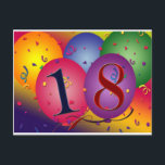Happy 18th Birthday! Postcard<br><div class="desc">Big colourful balloons with confetti and rainbow coloured background with 18 in the balloons.  Perfect design for your 18th birthday party favours / mailings.</div>