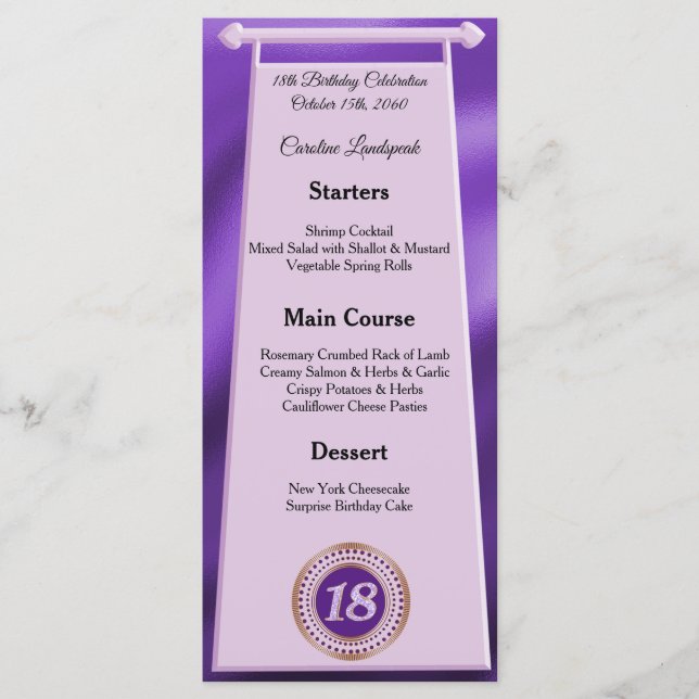 Happy 18th Birthday Purple Glitter Foil Menu (Front)