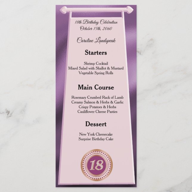 Happy 18th Birthday Rose Gold Glitter Foil Menu (Front)