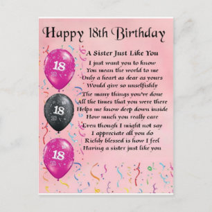 Happy 18th Birthday - Sister Poem Postcard