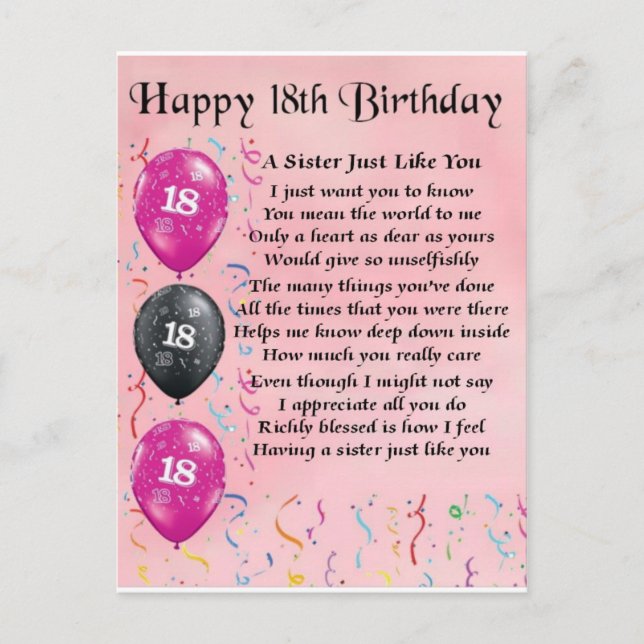 Happy 18th Birthday - Sister Poem Postcard (Front)