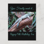 Happy 18th Birthday Son lizard  Postcard<br><div class="desc">Cute 18th Birthday greetings for boys, 
You finally made it
Happy 18th Birthday to you son
No more mud,  no more bugs,  no more lizards and creepy critters.
You've grown to be a smart adult,  now go out and see what the world is really all about.</div>