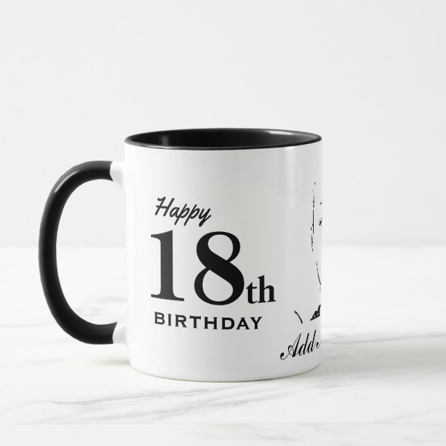Happy 18th Birthday Typography Black White Custom Mug (Left)