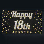 Happy 18th Bling Typography Gold Confetti Black Banner<br><div class="desc">Personalised 18th birthday party banner for teenage girls with beautiful shiny gold confetti graphic images border with sparkles. Chic modern Happy 18th fixed text with faux silver and gold bling effect on a classic black background. If you need any assistance customising your product please contact me via my store and...</div>
