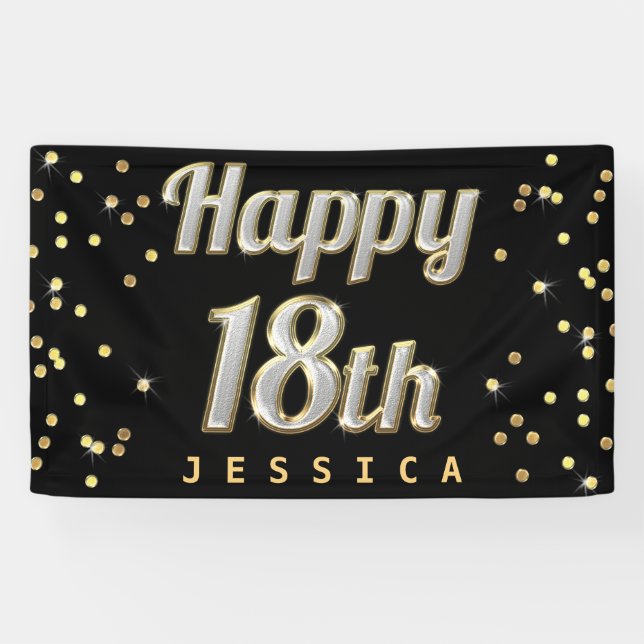Happy 18th Bling Typography Gold Confetti Black Banner (Horizontal)