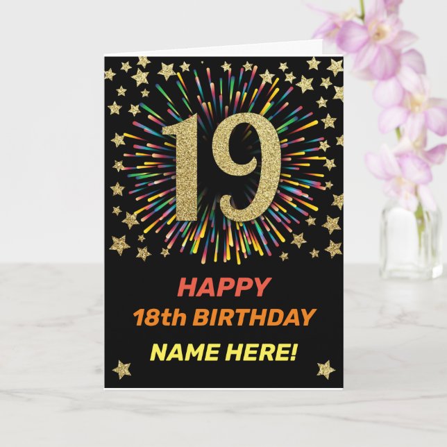 Happy 19th Birthday Black & Gold Rainbow Firework Card (Orchid)