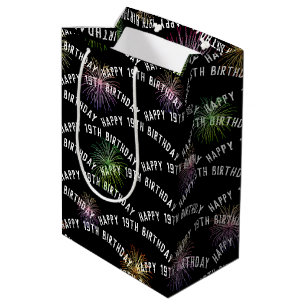 Happy 19th Birthday fireworks on black Medium Gift Bag