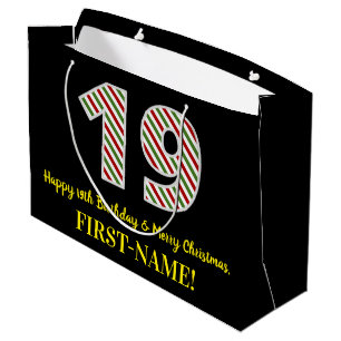 Happy 19th Birthday & Merry Christmas, Custom Name Large Gift Bag