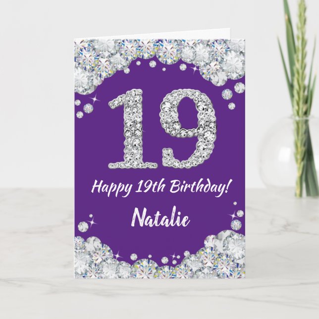 Happy 19th Birthday Purple and Silver Glitter Card (Front)