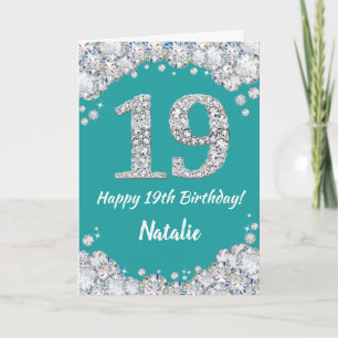 Happy 19th Birthday Teal and Silver Glitter Card
