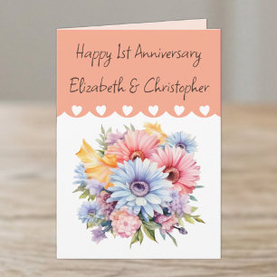 Happy 1st Anniversary flowers peach Card