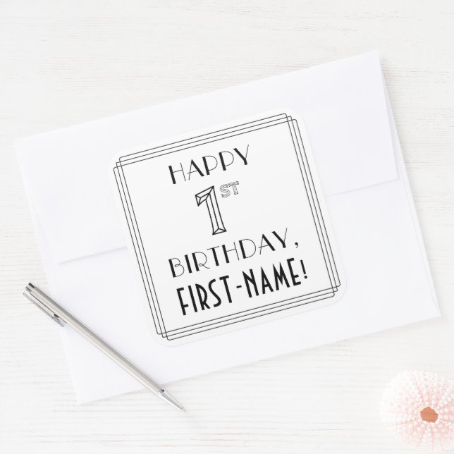 HAPPY 1ST BIRTHDAY, Art Deco Style, Custom Name Square Sticker (Envelope)