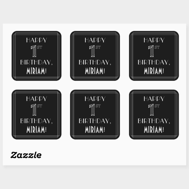 HAPPY 1ST BIRTHDAY; Art Deco Style; Custom Name Square Sticker (Sheet)