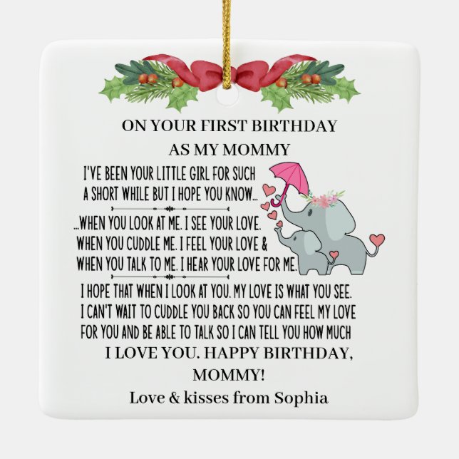 Happy 1st Birthday as my Mummy With Baby elephant Ceramic Ornament (Back)