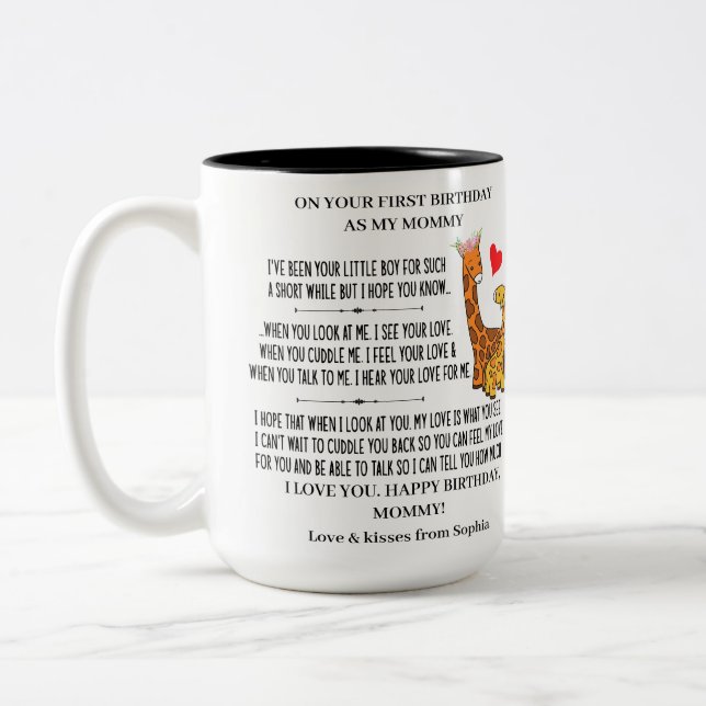 Happy 1st Birthday as my Mummy With Baby Giraffe Two-Tone Coffee Mug (Left)