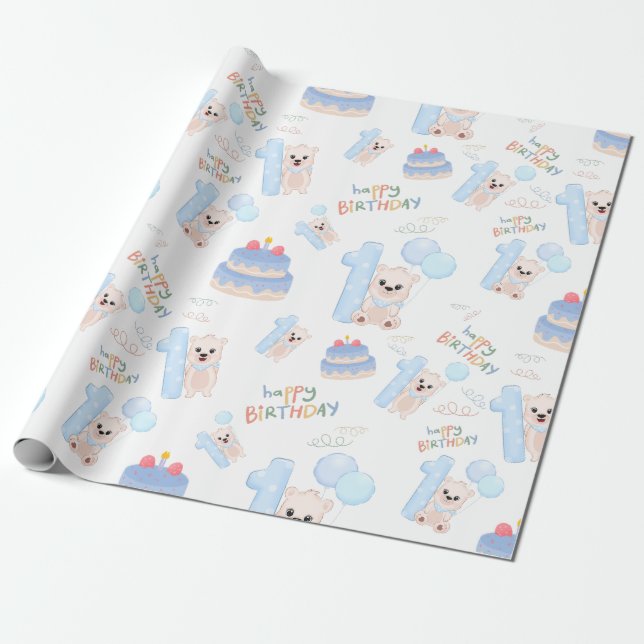 Happy 1st Birthday Baby Boy Cute Blue Bear Wrapping Paper (Unrolled)