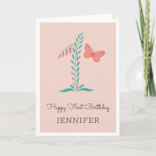 Happy 1st Birthday Baby Girl Butterfly Floral Card