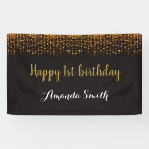 Happy 1st Birthday Banner. Black and Gold Glitter Banner