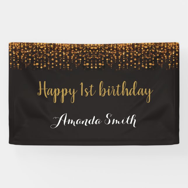 Happy 1st Birthday Banner. Black and Gold Glitter Banner (Horizontal)