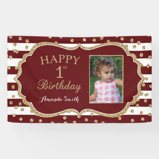 Happy 1st Birthday Banner Burgundy and Gold Photo (Horizontal)