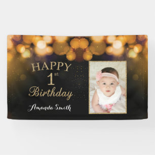 Happy 1st Birthday Banner. Gold Glitter Photo Banner
