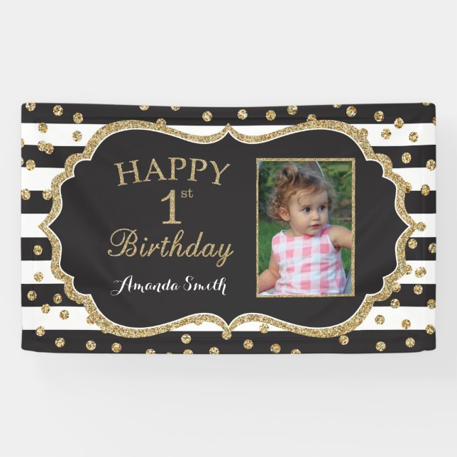 Happy 1st Birthday Banner. Gold Glitter Photo Banner (Horizontal)