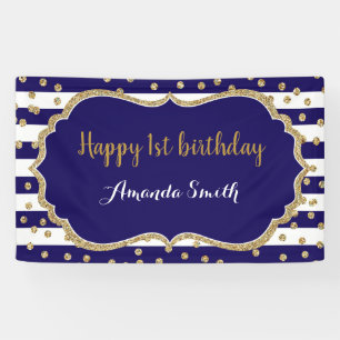 Happy 1st Birthday Banner Navy Blue Gold Glitter