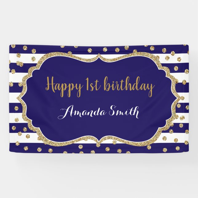 Happy 1st Birthday Banner Navy Blue Gold Glitter (Horizontal)
