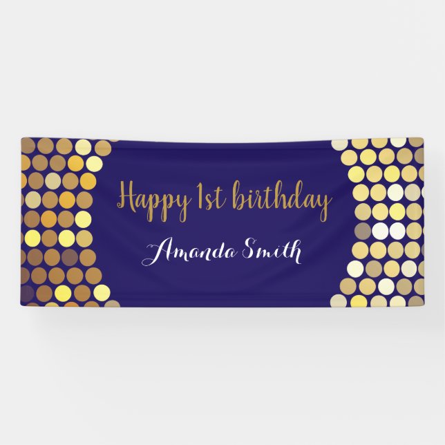 Happy 1st Birthday Banner Navy Blue Gold Glitter (Horizontal)