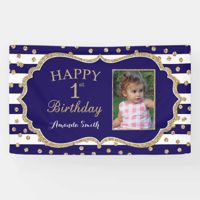 Happy 1st Birthday Banner Navy Blue Gold Photo (Horizontal)