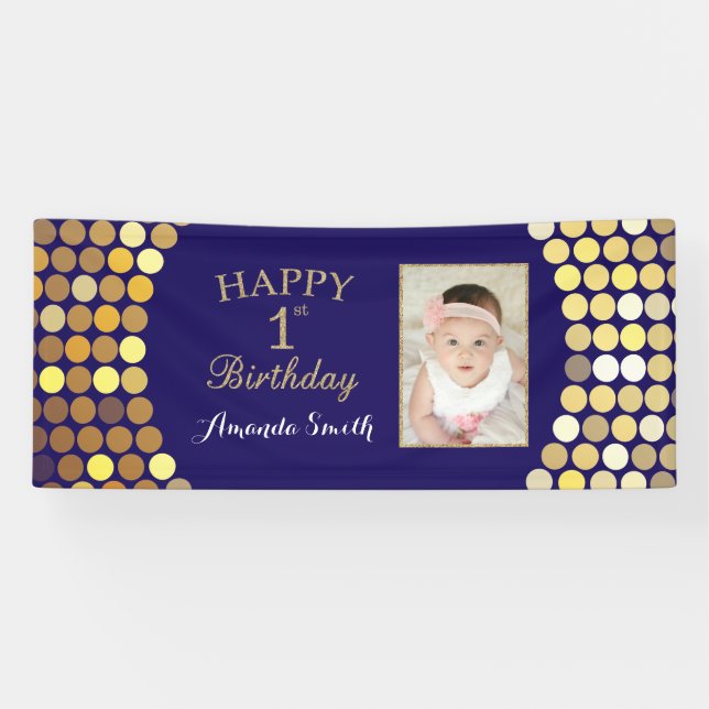 Happy 1st Birthday Banner. Navy Blue Gold Photo Banner (Horizontal)