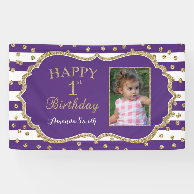 Happy 1st Birthday Banner Purple Gold Photo (Horizontal)