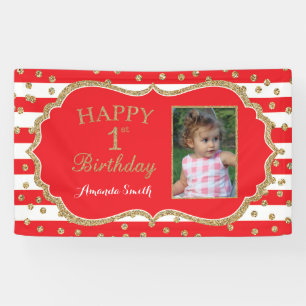 Happy 1st Birthday Banner Red Gold Glitter Photo