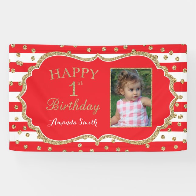 Happy 1st Birthday Banner Red Gold Glitter Photo (Horizontal)