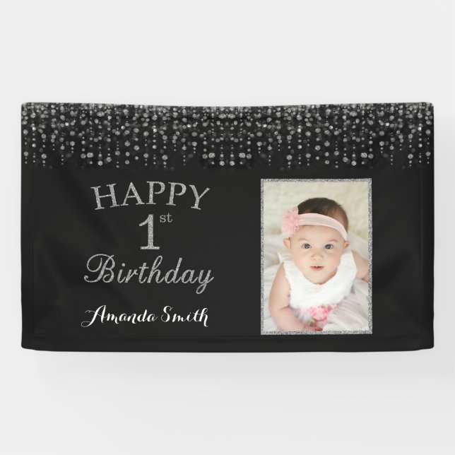 Happy 1st Birthday Banner. Silver Glitter Photo Banner (Horizontal)