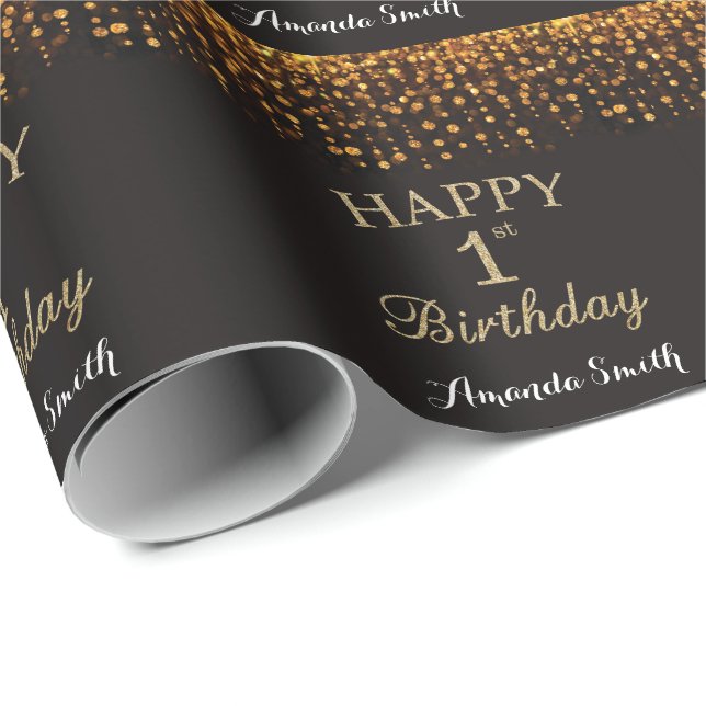 Happy 1st Birthday Black and Gold Glitter Wrapping Paper (Roll Corner)