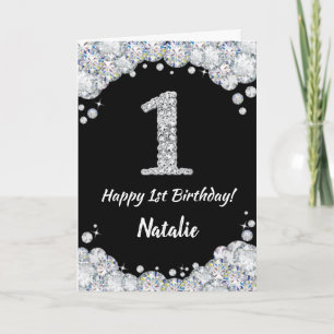 Happy 1st Birthday Black and Silver Glitter Card